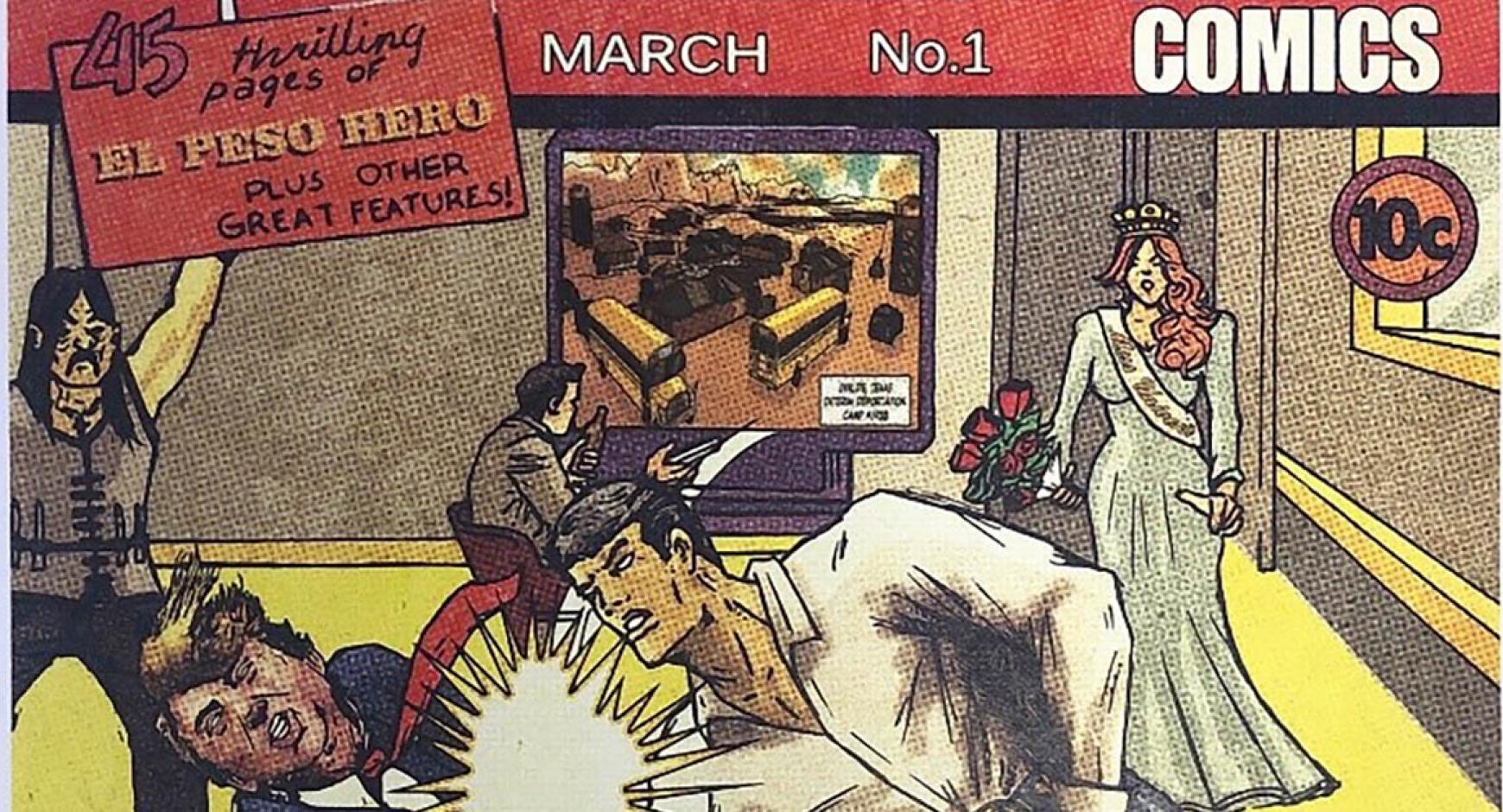The image is of a cover of an El Peso comic book. The colorful color depicts two men in a fist fight, a woman dressed as a beauty queen and holding a bouquet of roses, a third man sitting and watching a large television,and a fourth man holding up a sign. The sign reads "45 thrilling pages of El Peso Hero plus other great features!" Across the top of the page is printed "March. No.1. COMICS. 10 cents."