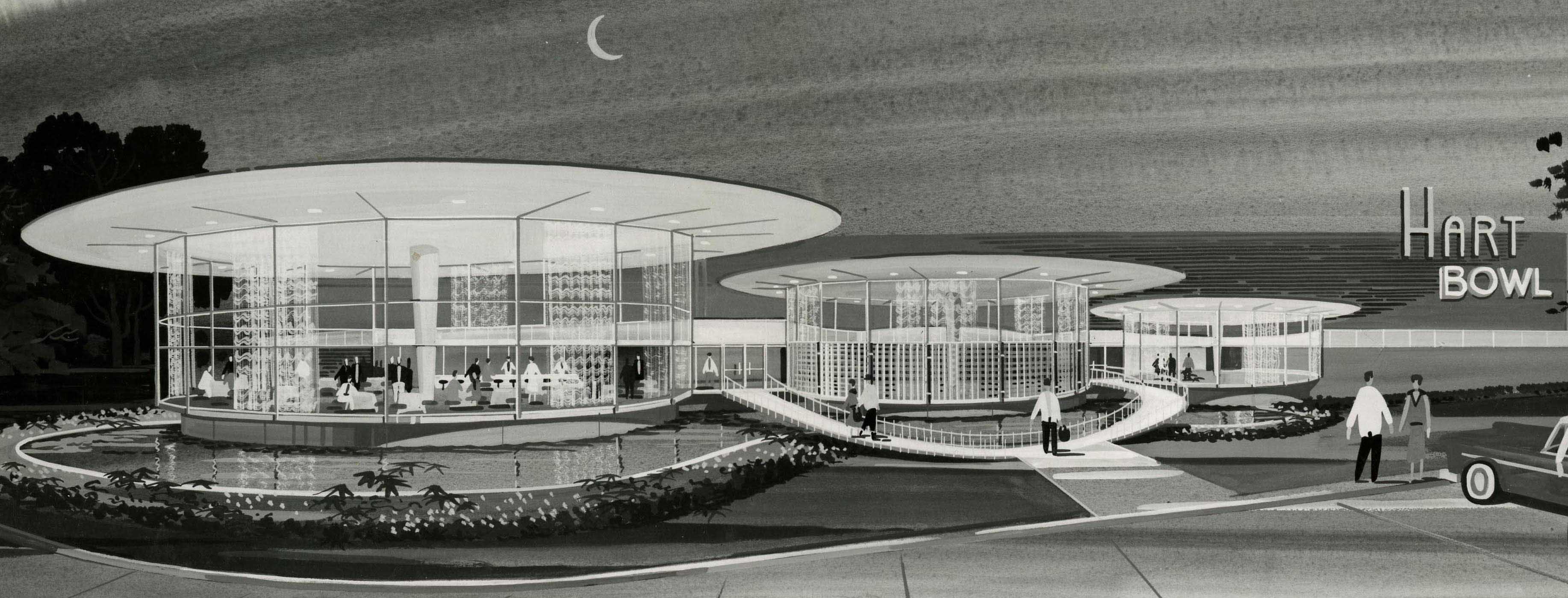 The image is a grey-scale rendering of the Hart Bowl bowling alley. The building features three striking circular glass enclosures on the front, one each for a restaurant, a lounge, and a children’s play area. A pool with fountains encircles the front and a sweeping ramp leads to the entrance. From the George Dahl collection