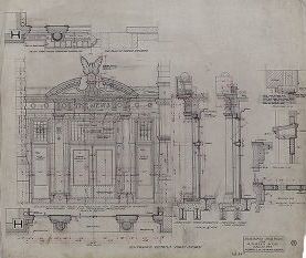 The image is a detailed drawing of the first floor entrance of the A.H. Belo and Company Business building in Dallas, Texas. From the Greene LaRoche and Dahl drawings collections.