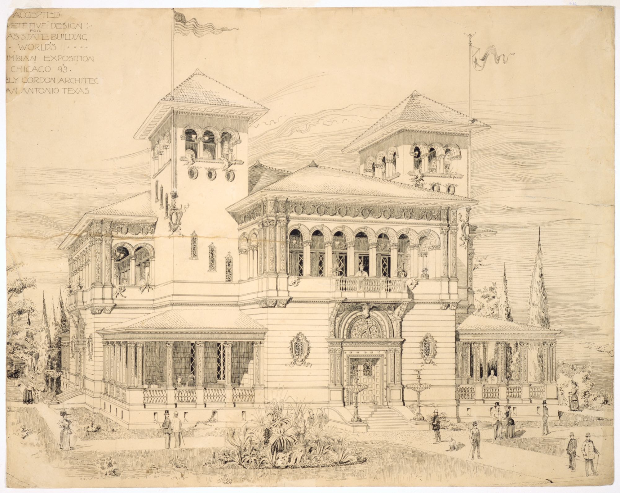 The image is a rendering of the Texas state building for the World's Columbian Exposition. From the Alexander Architectural Archives