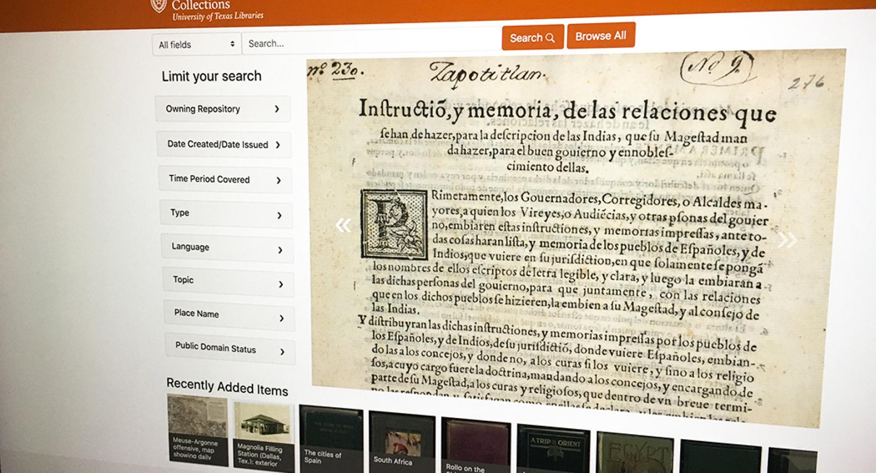 Image is of a website from The University of Texas Libraries digital collections, funded by the Mellon grant.