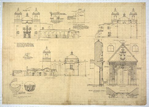 The image is a detailed architectural drawing of the Mission Nuestra Señora de la Purísima Concepción de Acuña with details and elevations. From the Alexander Architectural Archives.