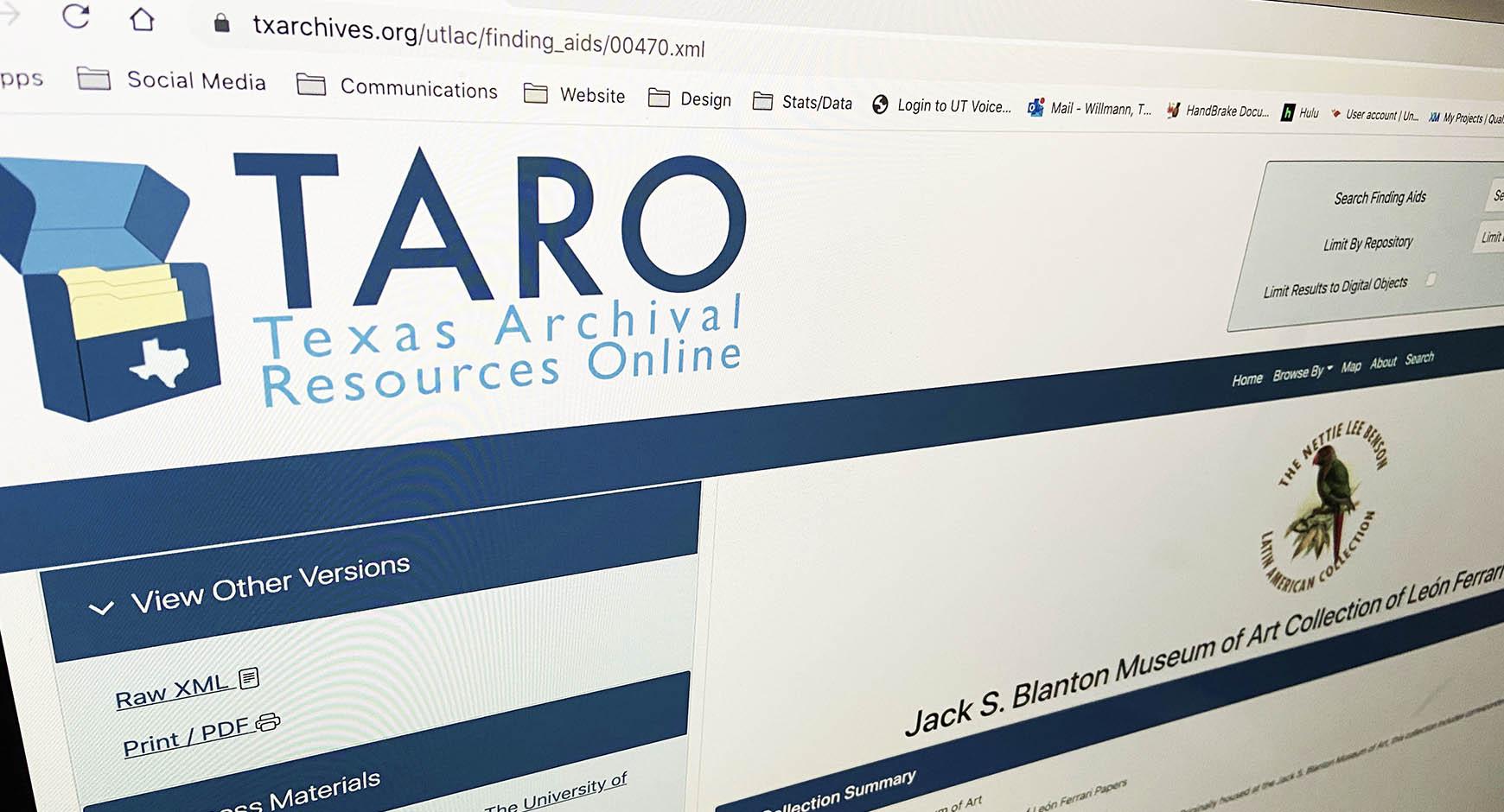 taro webpage on screen
