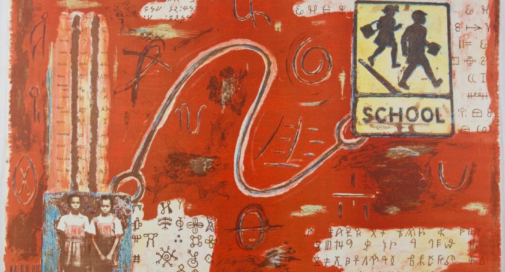 The image is a piece of folk-inspired modern art by Terry Boddie. It features two school-aged girls dressed in mid-20th century clothes in the bottom left and a traditional yellow school crossing traffic sign in the upper right. The two images seem to be connected by a grasping cord and are painted onto a field of red.