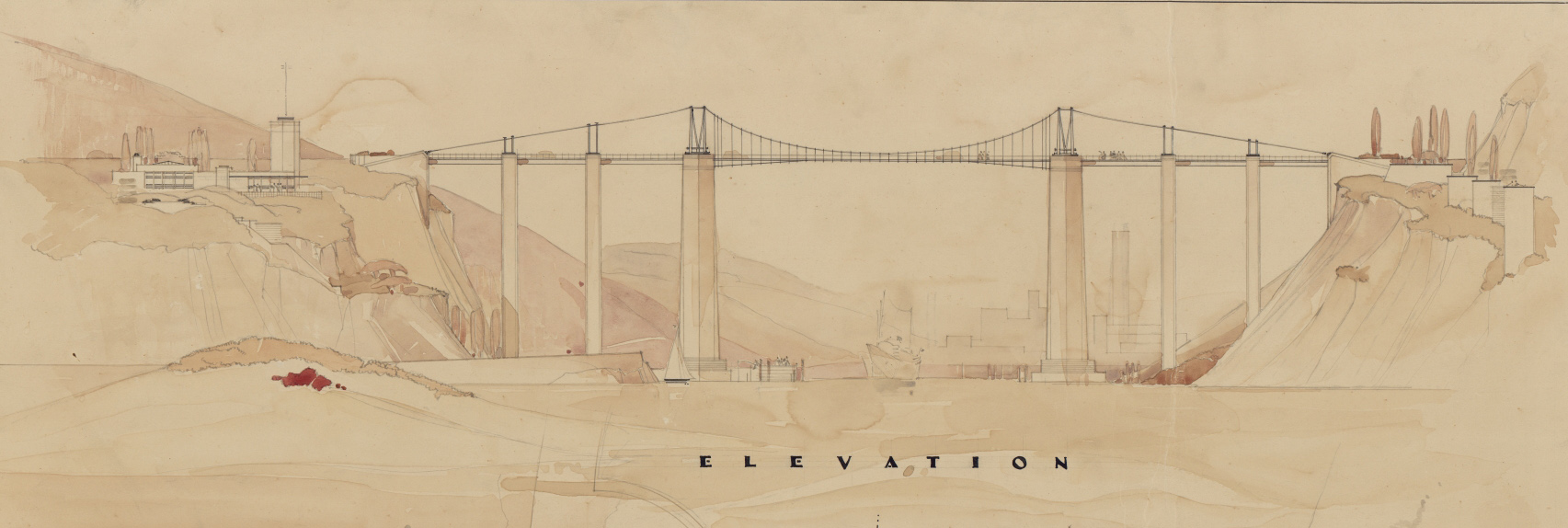 The image is a drawing of a monumental causeway crossing a large canyon. Drawing is from the Jessen and Jessen collection
