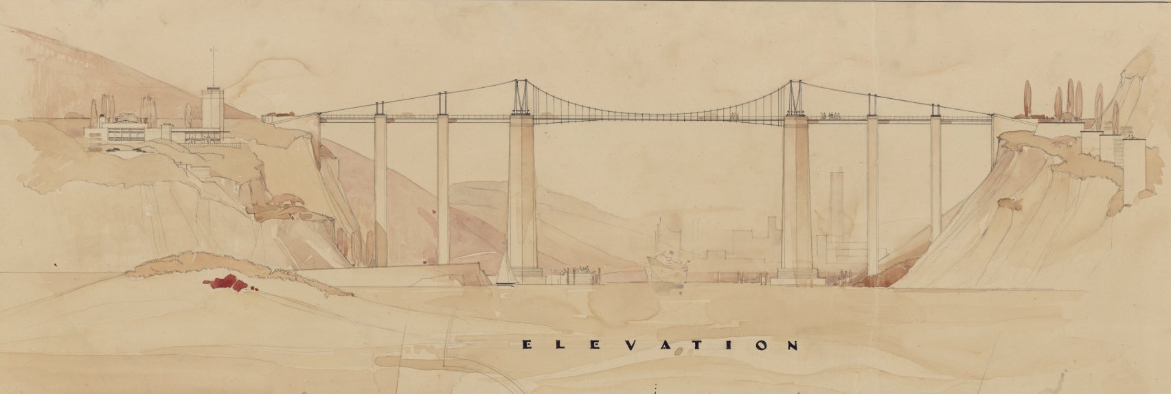 The image is a drawing of a monumental causeway crossing a large canyon. Drawing is from the Jessen and Jessen collection