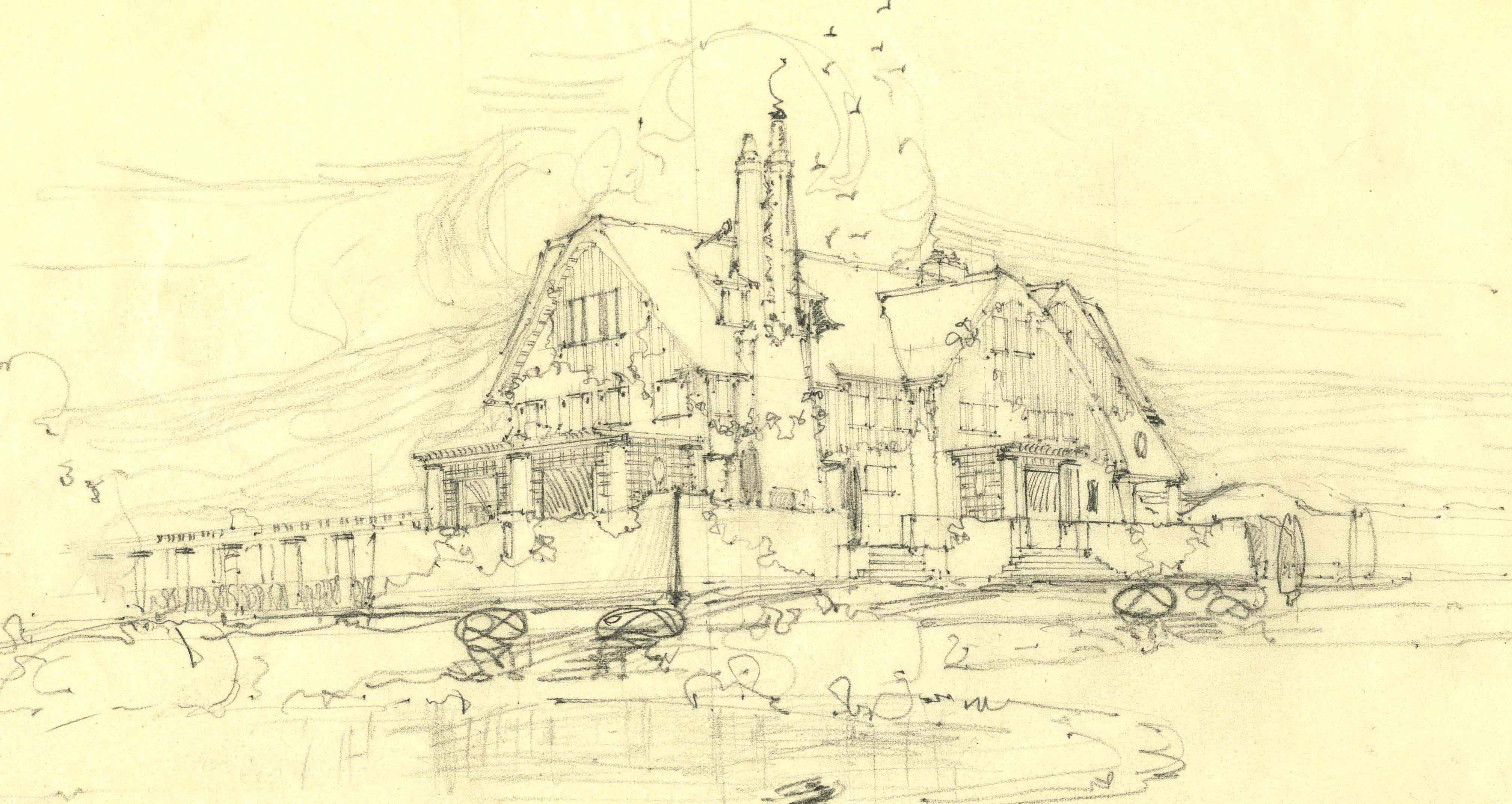 This image is a pencil sketch of a large cottage. From the Goldwin Goldsmith collection.