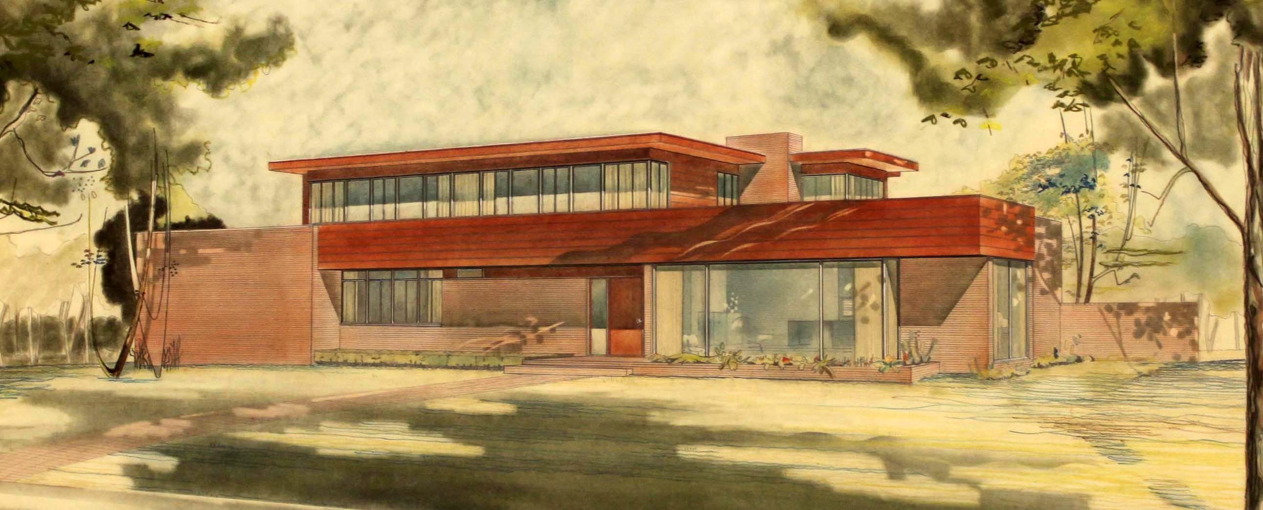 The image is a color pencil rendering of the Lipshy residence in Dallas, Texas. From the Howard R. Meyer collection