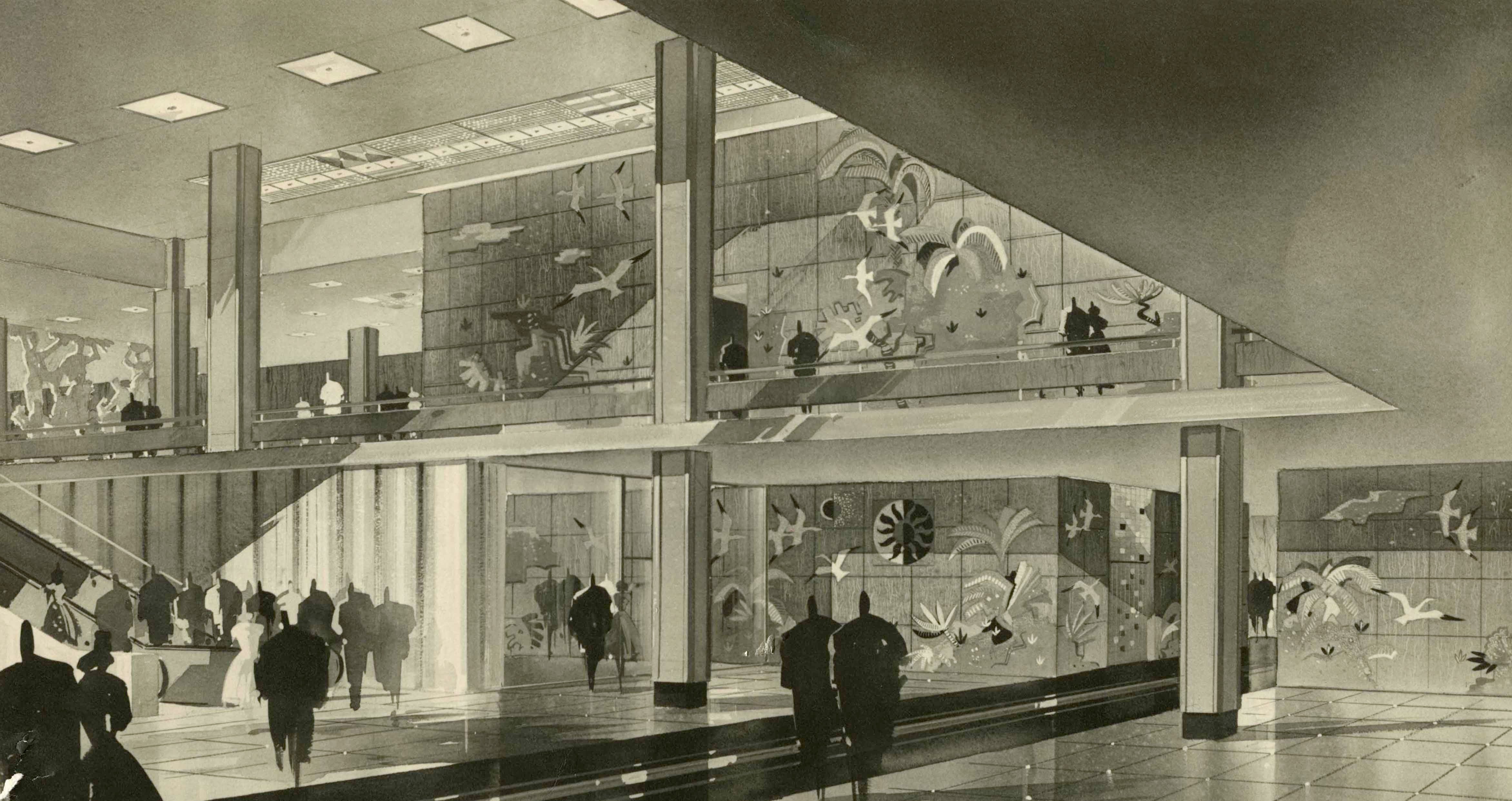 Image is a rendering for a mercantile building.  It shows a two story atrium. Image is from the Donald S. Nelson collection.