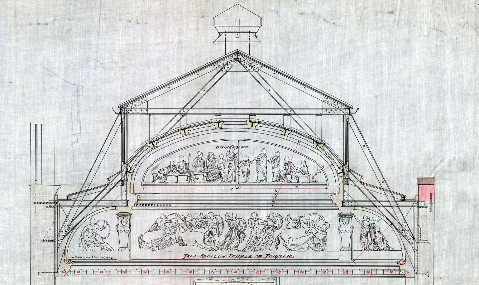 Architectural drawing by Alfred Zucker; "From Apollon Temple of Phigalia" is printed at the bottom of the drawing