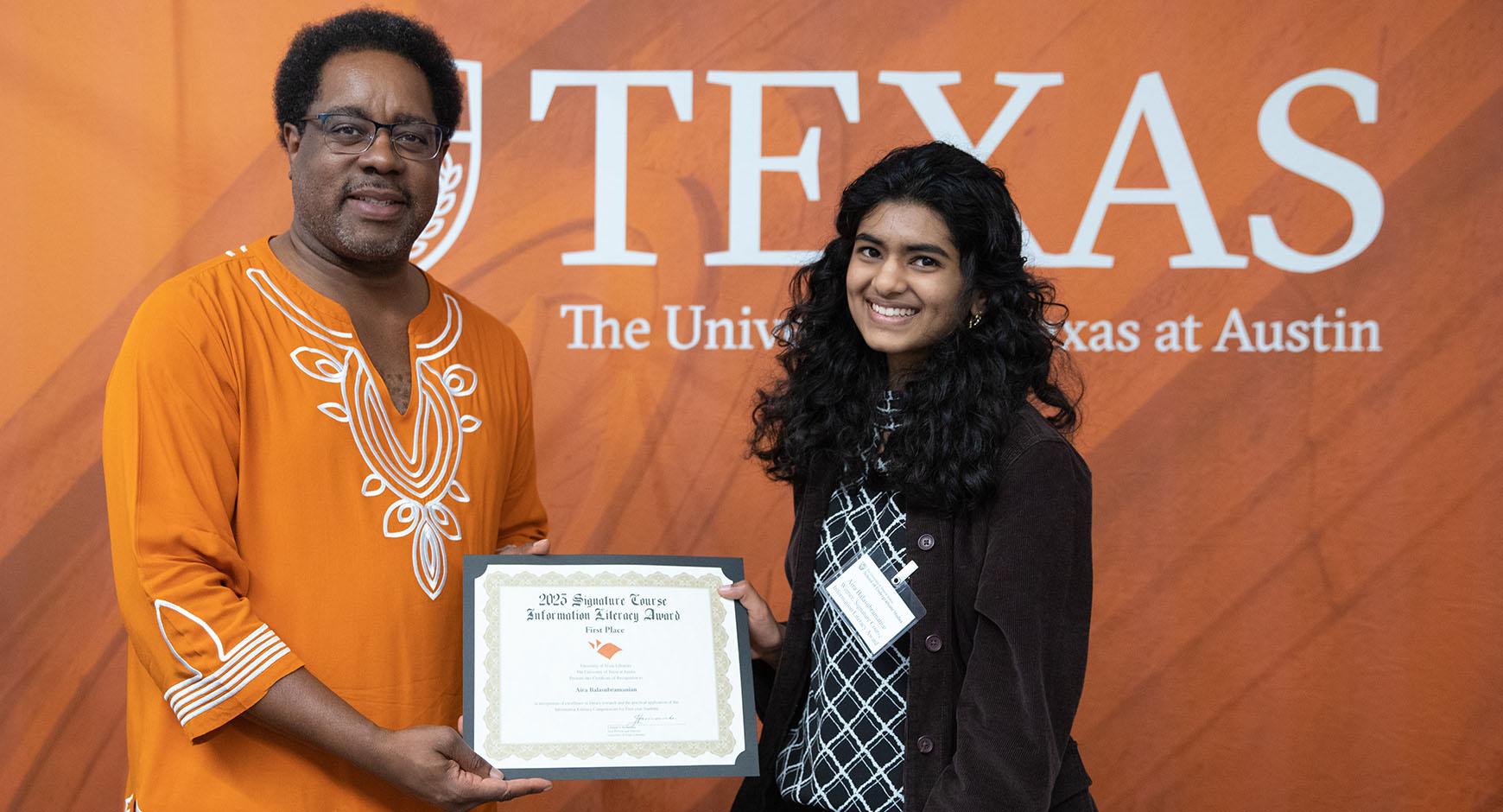 first place info lit award winner Aira Balasubramanian with dean of undergraduate studies Richard Reddick