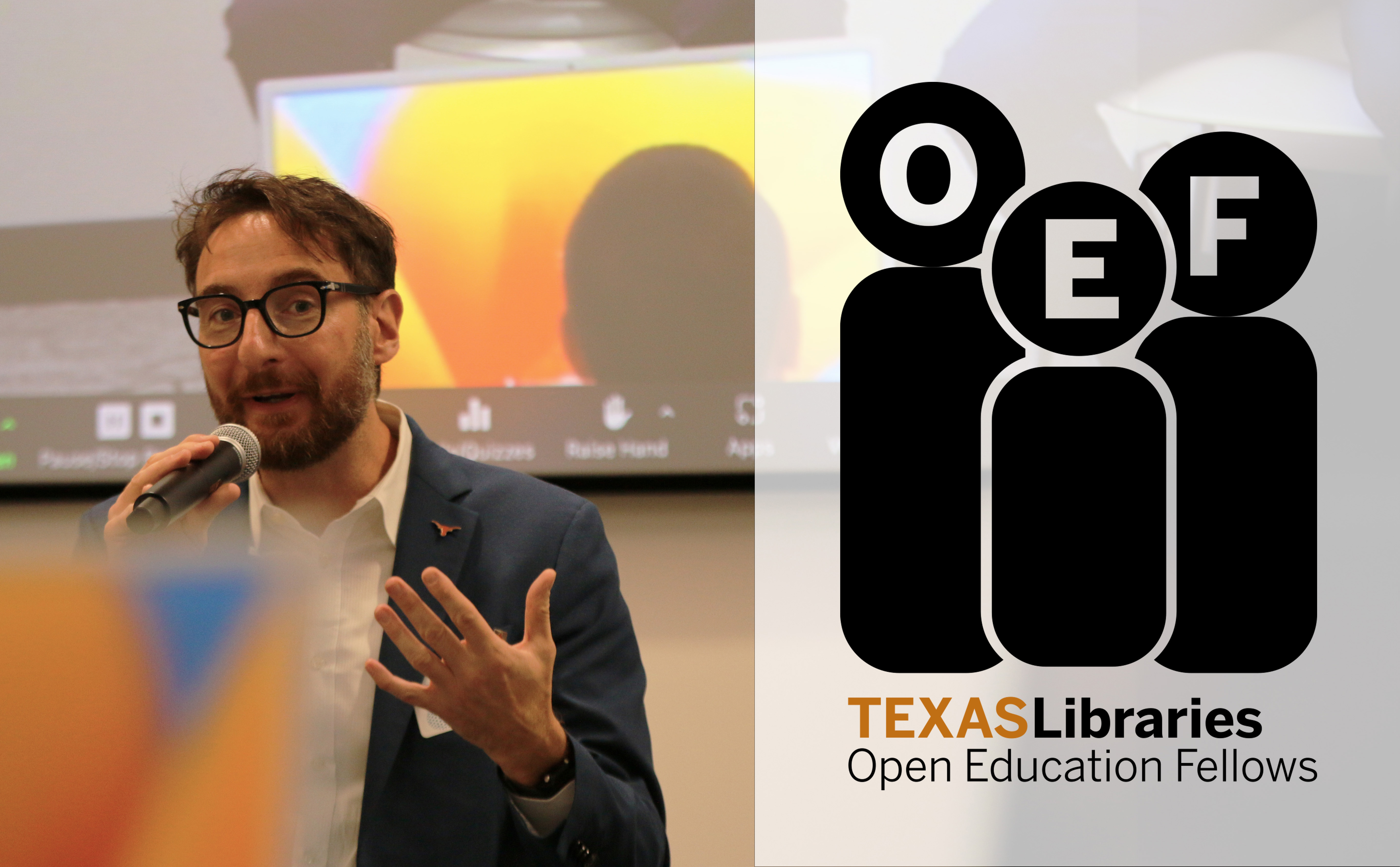 Image of current fellow Dr. Franco Pestilli talking at an open science event with the open educational fellows graphic overlaid on an opaque white field to the right of the image.