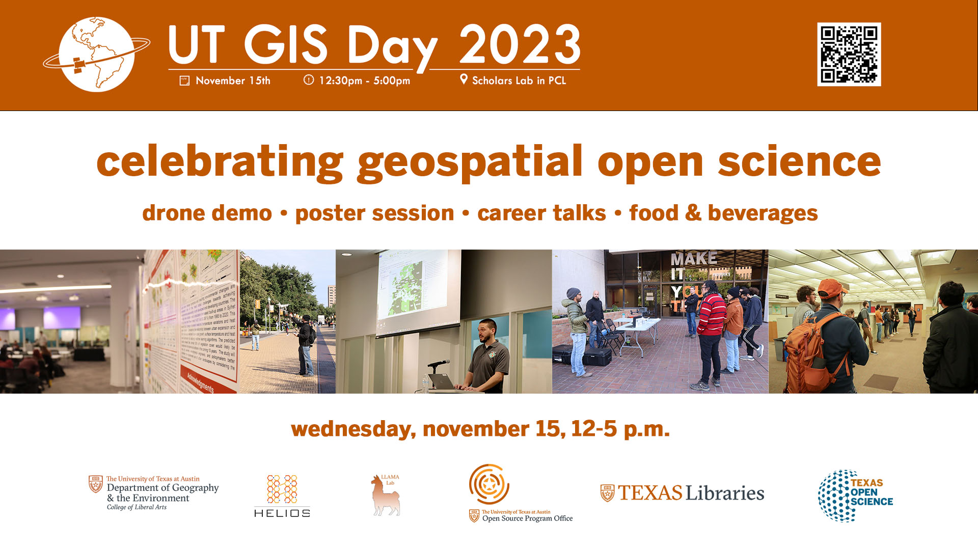 graphic for gis day 2023. white background with orange banner and collage of images from previous gis day celebrations