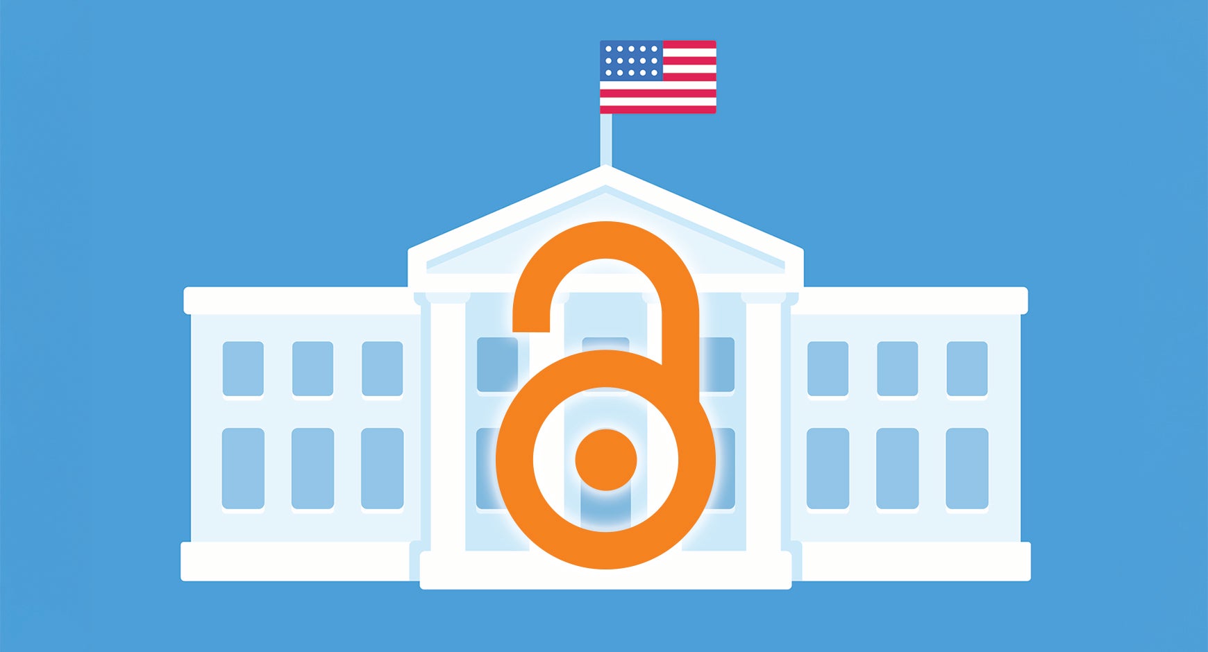 illustration of the white house on a blue background with the orange open access lock logo overlayed.