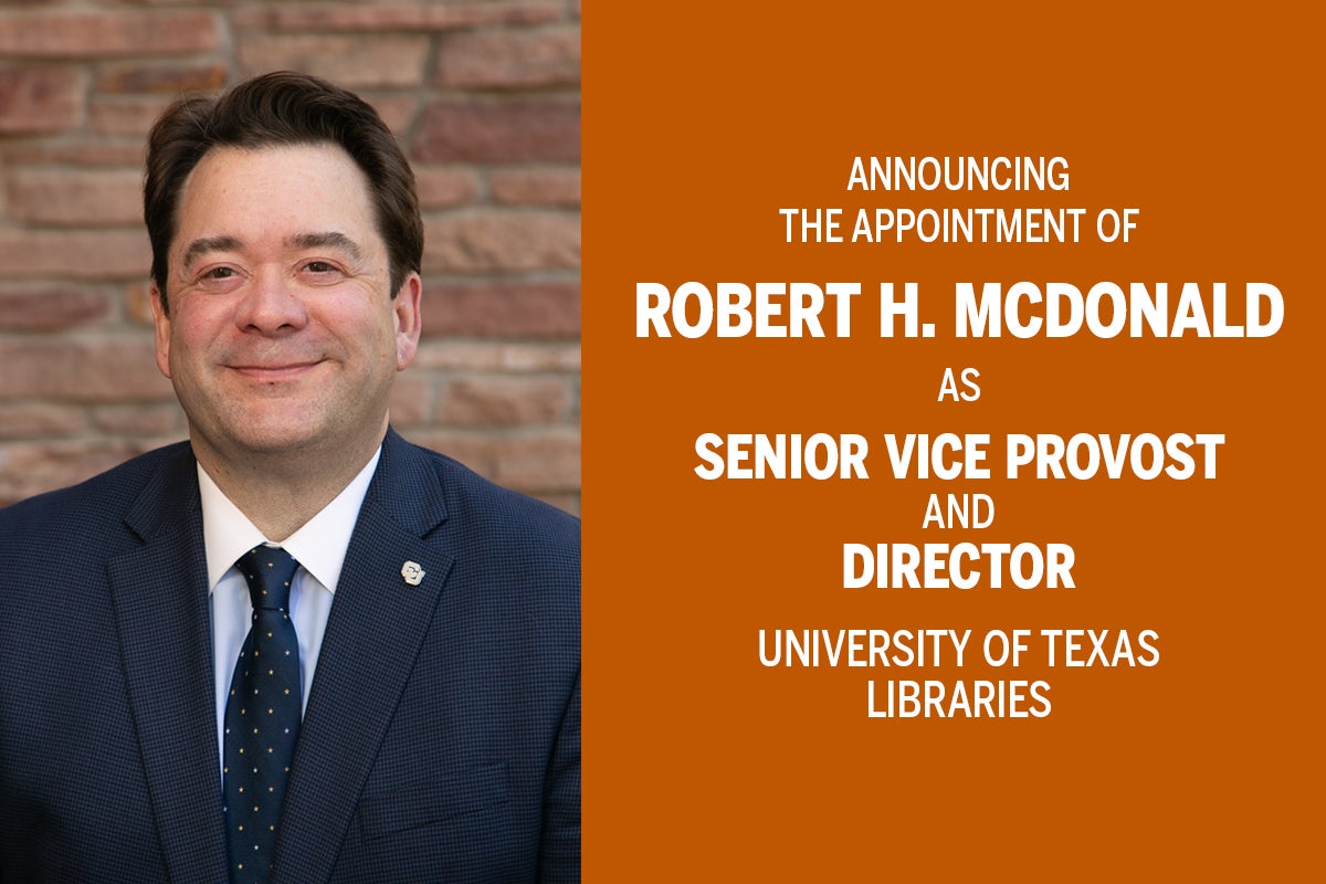 portrait of Robert McDonald next to a graphic with the announcement of his appointment, white letters on burnt orange background.