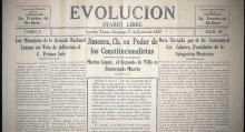 Detail of Newspaper Evolución, Tomo I, Número 58, 1917 Enero 7 Description: Newspaper includes updates related to the Mexican Revolution: for example, Martín López, Francisco (Pancho) Villa’s second, was found dead in Chihuahua. 