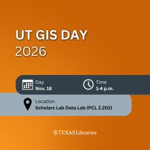 Graphic for UT GIS Day 2026 on an orange gradient background. Text reads “UT GIS DAY 2026.” Event details are displayed with icons: Day: Nov. 18; Time: 1–4 p.m.; Location: Scholars Lab Data Lab (PCL 2.202). The Texas Libraries logo appears at the bottom.