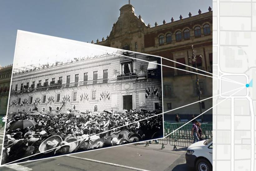 Historic black-and-white photograph of crowds gathered outside Mexico City’s National Palace during the 1910 Centenario celebration is overlaid on a modern color street view of the same location, showing how the scene aligns with the present-day building and mapped location.