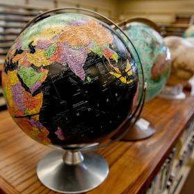 row of globes on display