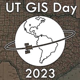 UT GIS Day logo, drawing of earth with satellite circling on texas map background