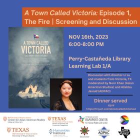 poster for screening of a town called victoria. blue background with movie poster, director portrait and text.