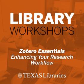 graphic for library workshop zotero essentials, orange overlay on image of students in workspace.