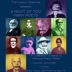 Event graphic. Dark blue background with text and colorized images of famous poets (10) in the foreground.