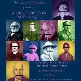 Event graphic. Dark blue background with text and colorized images of famous poets (10) in the foreground. 