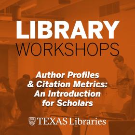 Library Workshops graphic. Image of people listening to a speaker in a workshop overlayed with orange field and event text.