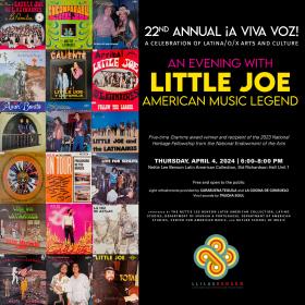 event graphic. images of little joe and la familia album covers on left, black field with event title and details on right. 