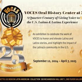 Exhibit graphic. Celebratory feel with text-based graphic representation of the exhibit title. Gold and ribbon theme. VOCES logo prominent.