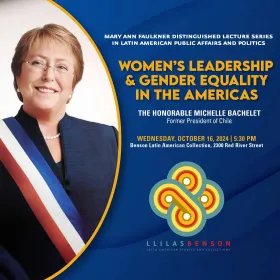 Event graphic. Semicircle frame with image of woman in glasses bearing a tricolor sash across her chest, flanked by gradient navy blue field with event information and LLILAS Benson logo.