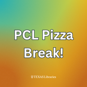 Square graphic with a green‑to‑orange gradient background and large white text reading “PCL Pizza Break!” The Texas Libraries logo appears at the bottom