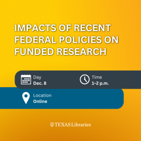 Promotional graphic for an online event titled “Impacts of Recent Federal Policies on Funded Research.” The design features a gold-to-orange gradient background with large white text. Event details are displayed in dark gray and blue rounded banners: “Day: Dec. 8,” “Time: 1–2 p.m.,” and “Location: Online,” accompanied by calendar, clock, and location icons. The Texas Libraries logo appears at the bottom center in white.