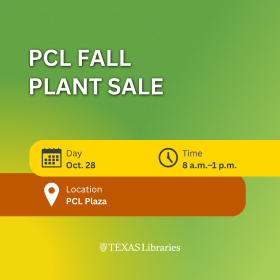 Promotional graphic for the PCL Fall Plant Sale. The event takes place Oct. 28 from 8 a.m. to 1 p.m. at PCL Plaza. The design has a green and yellow background with calendar, clock and location icons and the Texas Libraries logo at the bottom.