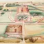 Image is a color drawing of a mission. Bird's eye perspective.