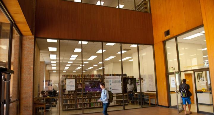 Entrance to the PMA Library in the Physics, Math and Astronomy Building.