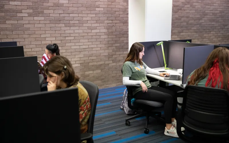 Students in individual cubbies studying and reading