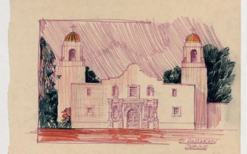 Mission San Antonio de Valero- front facade, color rendering